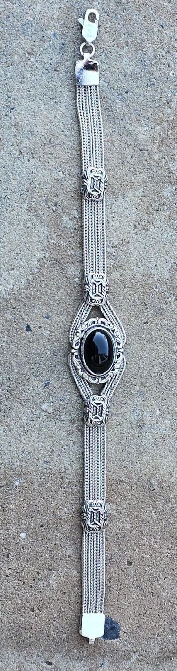 925 Sterling Silver - Vintage Black Onyx Chain Bracelet 7 1/2"